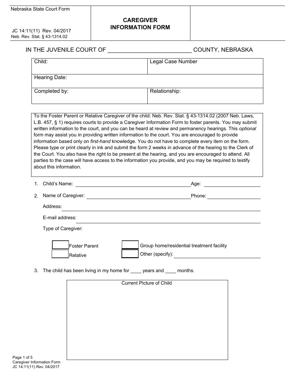 Form JC14:11(11) Caregiver Information Form - Nebraska, Page 1