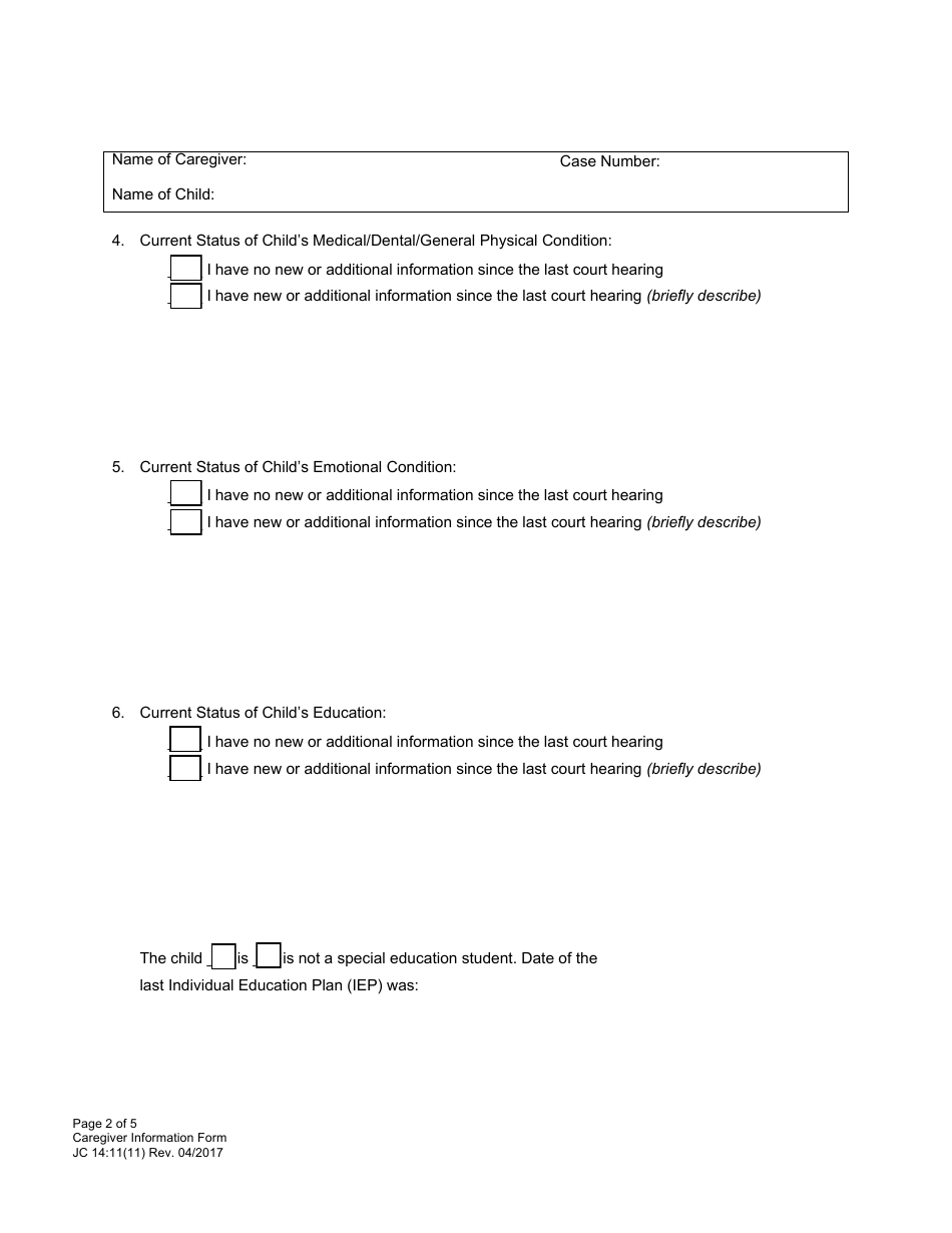 Form JC14:11(11) Caregiver Information Form - Nebraska, Page 2