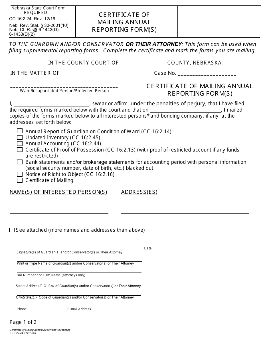 Form CC16:2.24 Certificate of Mailing Annual Reporting Form(S) - Nebraska, Page 1