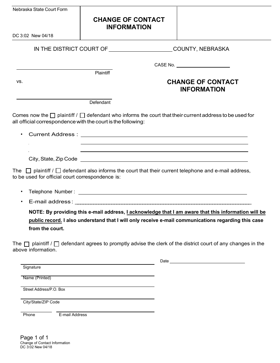 Form DC3:02 Change of Contact Information - Nebraska, Page 1