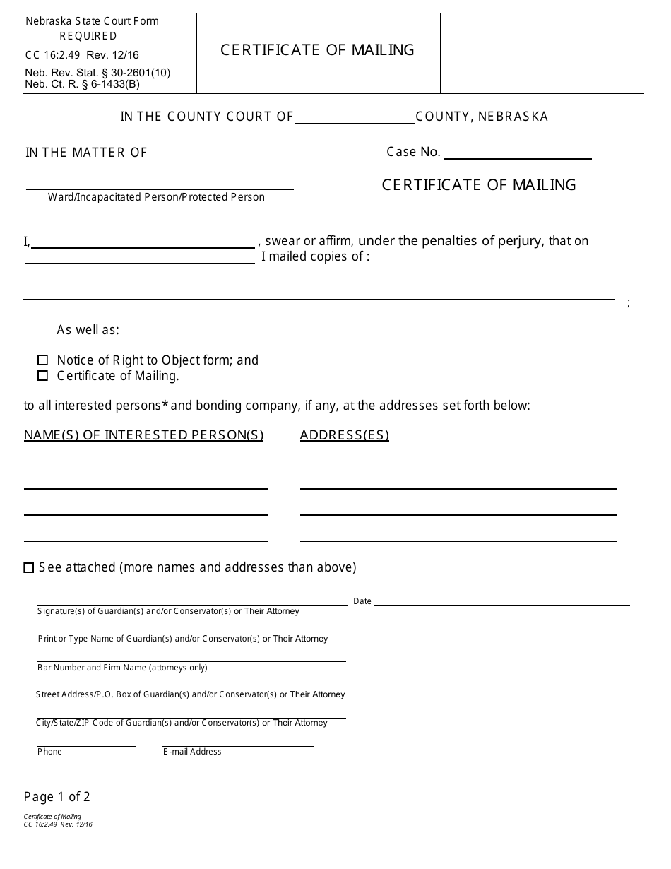 Form CC16:2.49 Certificate of Mailing - Nebraska, Page 1