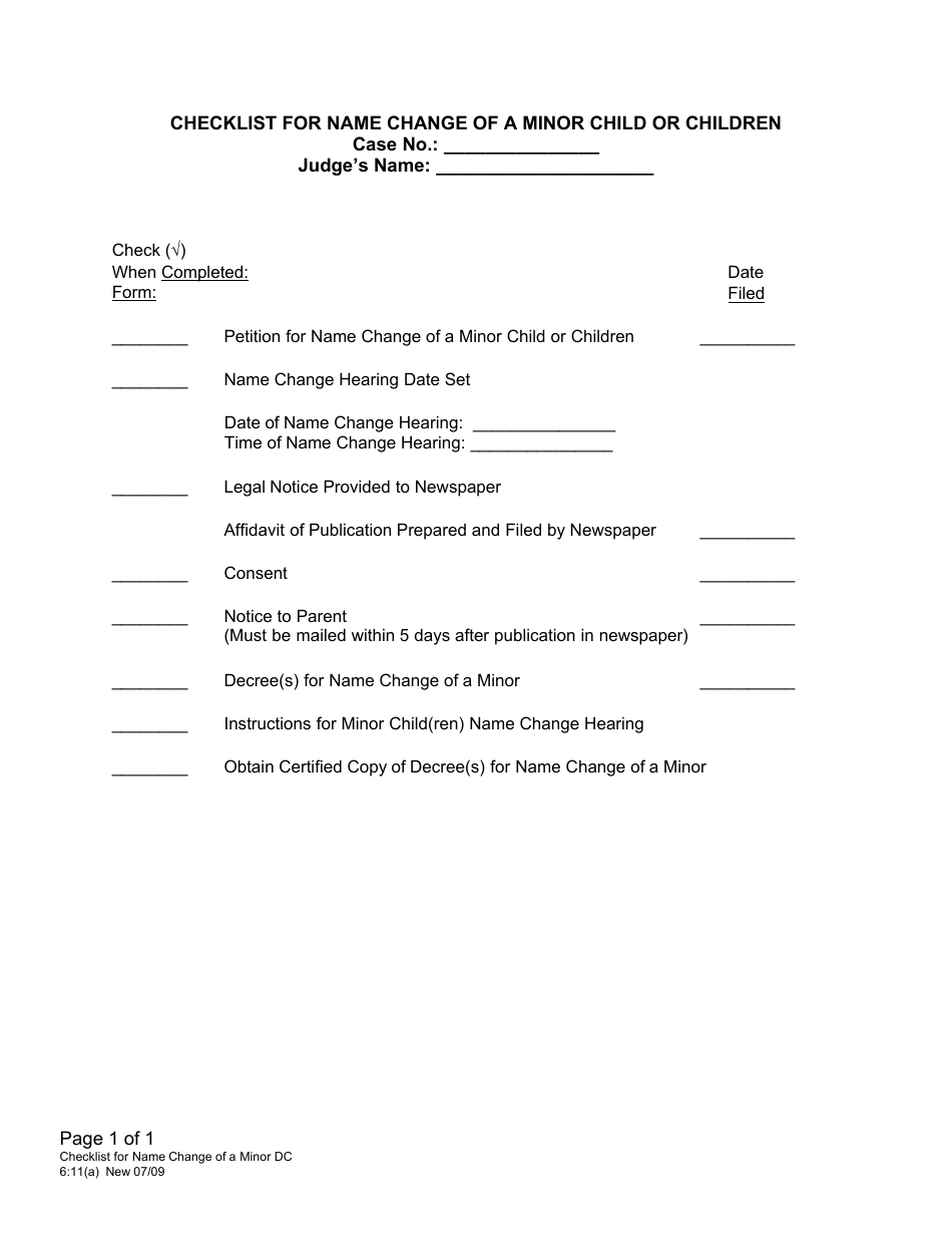 Form DC6:11(A) Checklist for Name Change of a Minor Child or Children - Nebraska, Page 1
