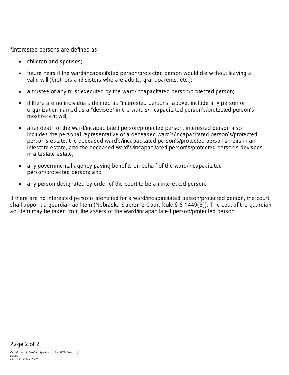 Form CC16:2.27 Certificate of Mailing Application for Withdrawal of Funds - Nebraska, Page 2