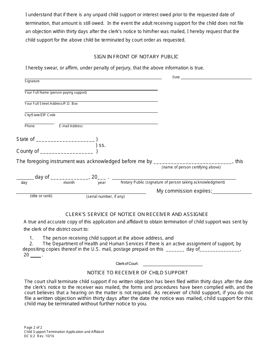 Form DC6:2 Application and Affidavit for Termination of Child Support - Nebraska, Page 2