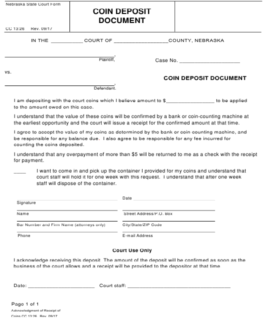 Form CC1326 Download Fillable PDF or Fill Online Coin Deposit Document Nebraska Templateroller