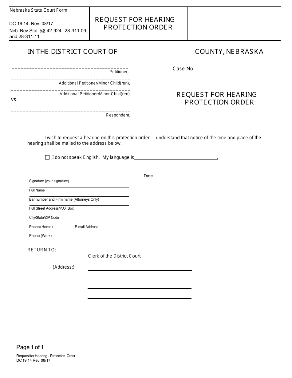 Form DC19:14 Request for Hearing - Protection Order - Nebraska, Page 1