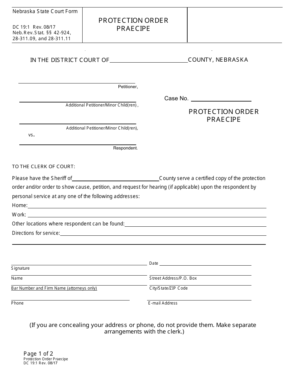 Form DC19:1 Protection Order Praecipe - Nebraska, Page 1