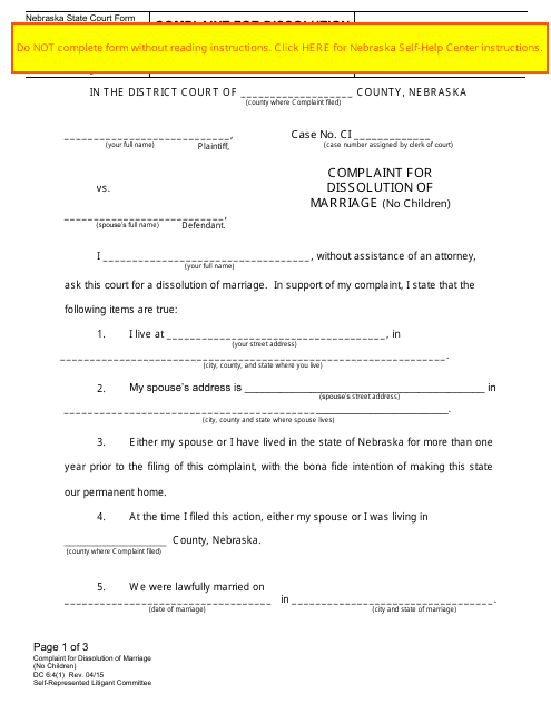 Form DC6:4(1) Complaint for Dissolution of Marriage (No Children) - Nebraska