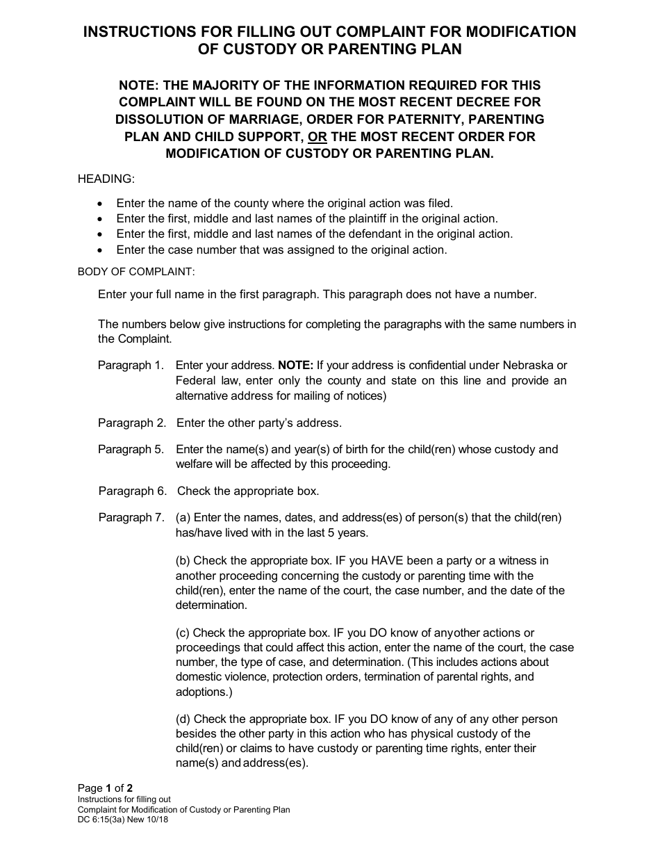 Instructions for Form DC6:15(3) Complaint for Modification of Custody or Parenting Plan - Nebraska, Page 1