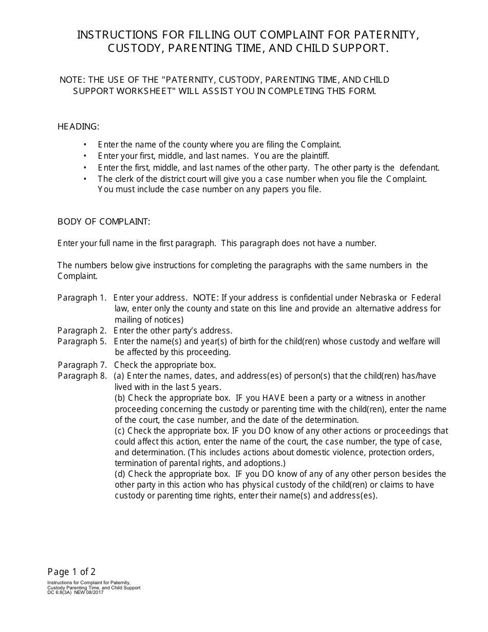 Instructions for Form DC6:8(3) Complaint for Paternity, Custody, Parenting Time, and Child Support - Nebraska, Page 1