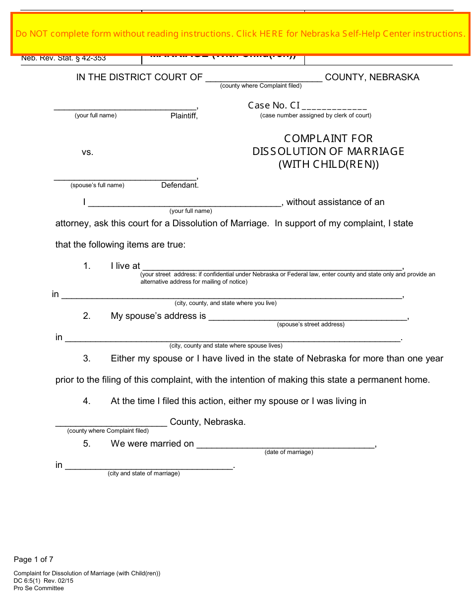 Form DC6:5(1) Complaint for Dissolution of Marriage (With Child(Ren)) - Nebraska, Page 1