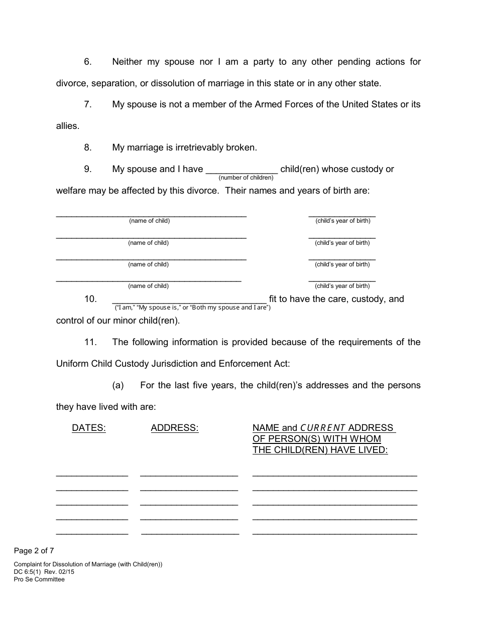 Form DC6:5(1) Complaint for Dissolution of Marriage (With Child(Ren)) - Nebraska, Page 2