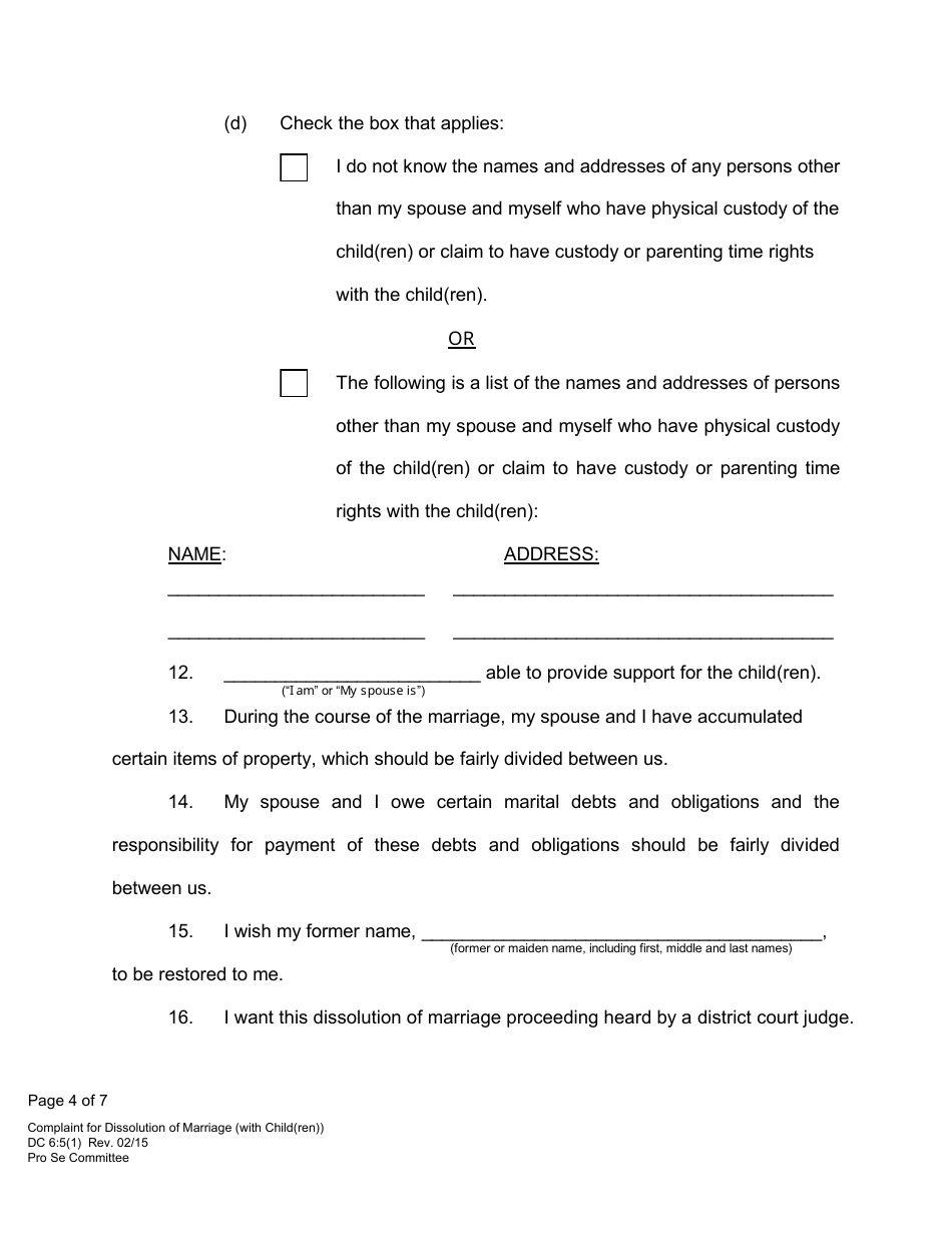 Form DC6:5(1) Complaint for Dissolution of Marriage (With Child(Ren)) - Nebraska, Page 4
