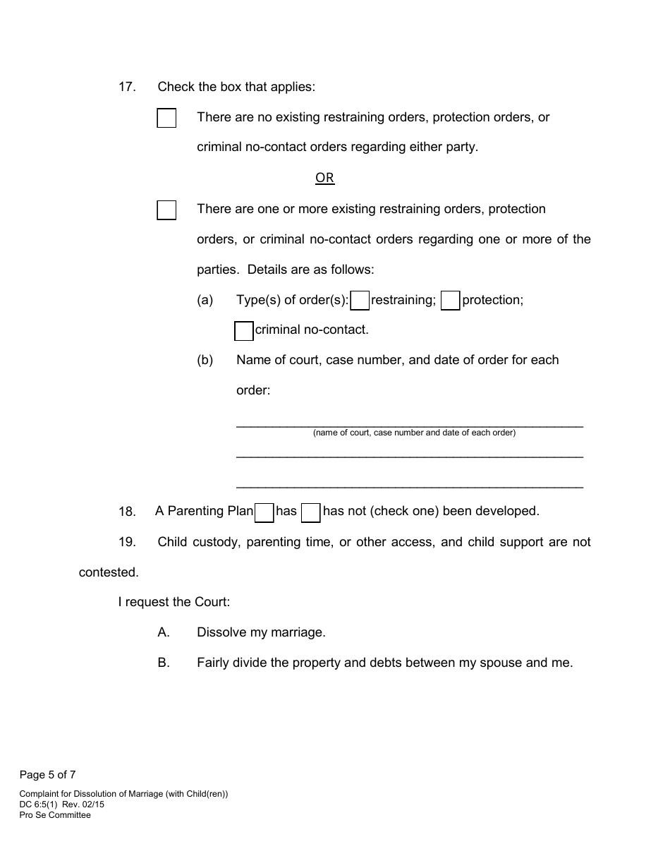 Form DC6:5(1) Complaint for Dissolution of Marriage (With Child(Ren)) - Nebraska, Page 5