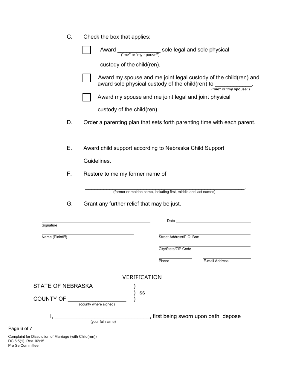 Form DC6:5(1) Complaint for Dissolution of Marriage (With Child(Ren)) - Nebraska, Page 6