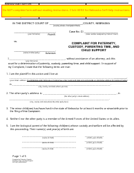 Form DC6:8(3) Complaint for Paternity, Custody, Parenting Time, and Child Support - Nebraska