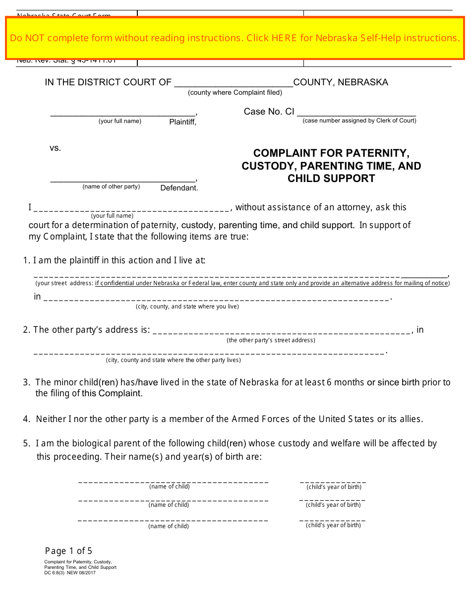 Form DC6:8(3) Complaint for Paternity, Custody, Parenting Time, and Child Support - Nebraska, Page 1