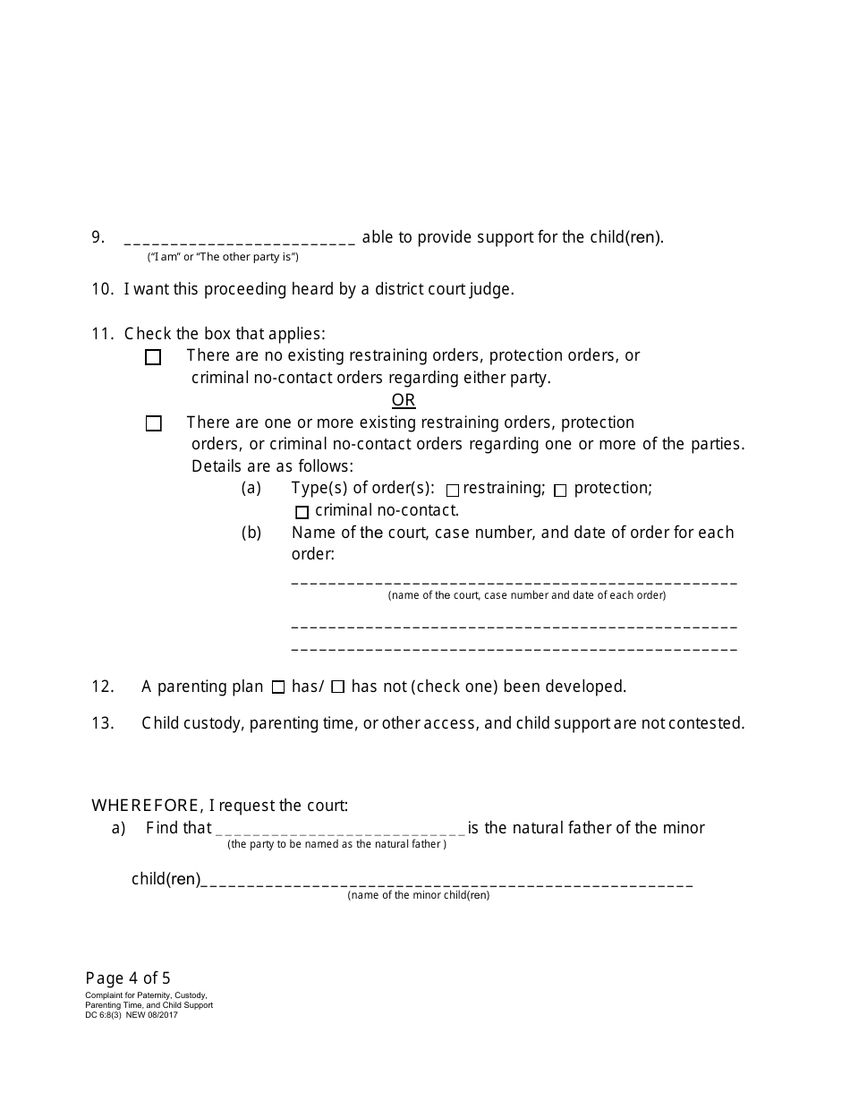 Form DC6:8(3) Complaint for Paternity, Custody, Parenting Time, and Child Support - Nebraska, Page 4