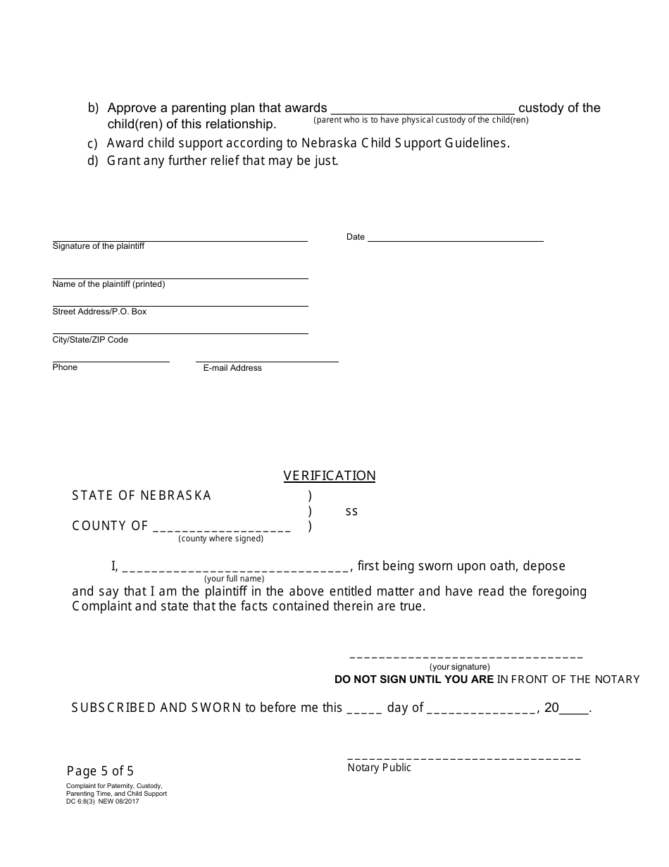 Form DC6:8(3) Complaint for Paternity, Custody, Parenting Time, and Child Support - Nebraska, Page 5
