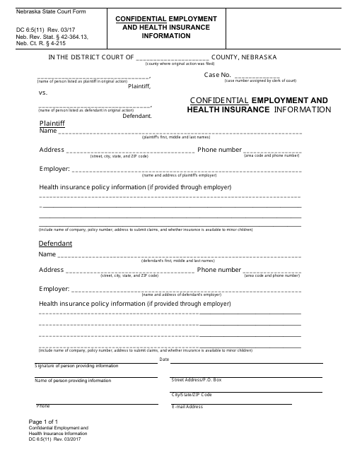 Form DC6:5(11) Confidential Employment and Health Insurance Information - Nebraska