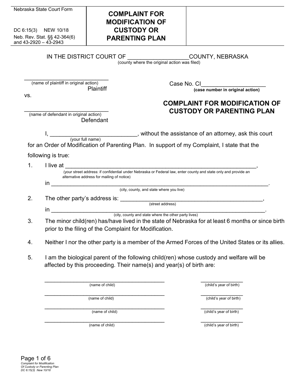 Form DC6:15(3) Complaint for Modification of Custody or Parenting Plan - Nebraska, Page 1