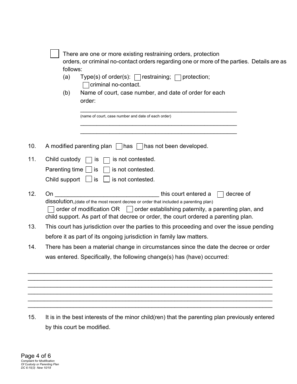 Form DC6:15(3) Complaint for Modification of Custody or Parenting Plan - Nebraska, Page 4