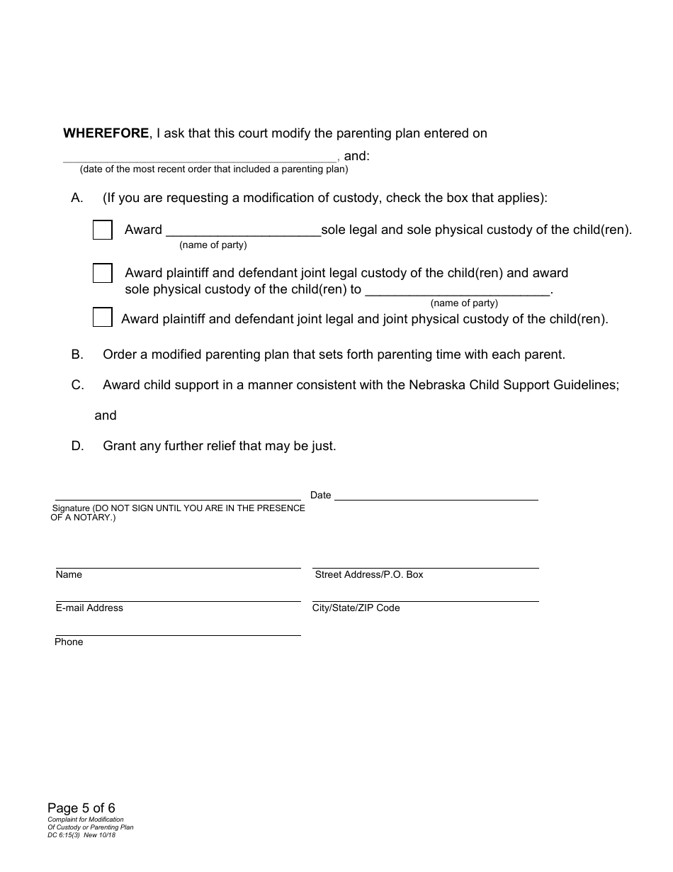 Form DC6:15(3) Complaint for Modification of Custody or Parenting Plan - Nebraska, Page 5
