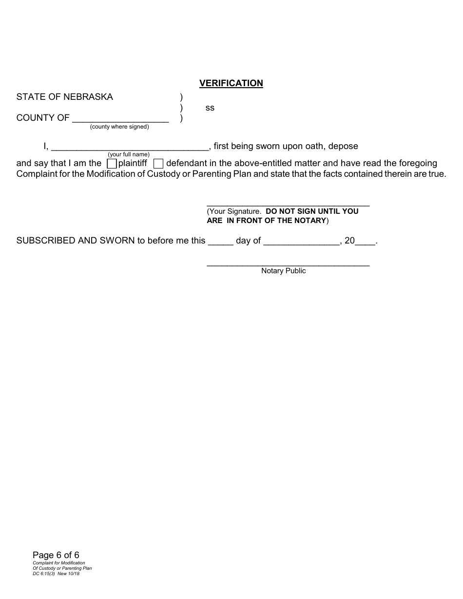 Form DC6:15(3) Complaint for Modification of Custody or Parenting Plan - Nebraska, Page 6