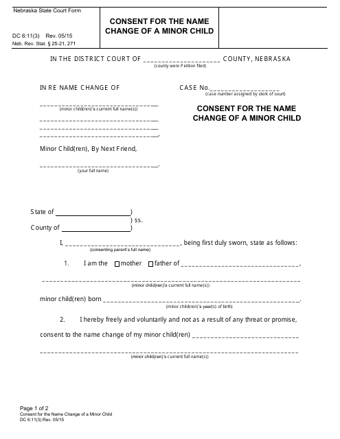 Form DC-6:11(3) Consent for the Name Change of a Minor Child - Nebraska
