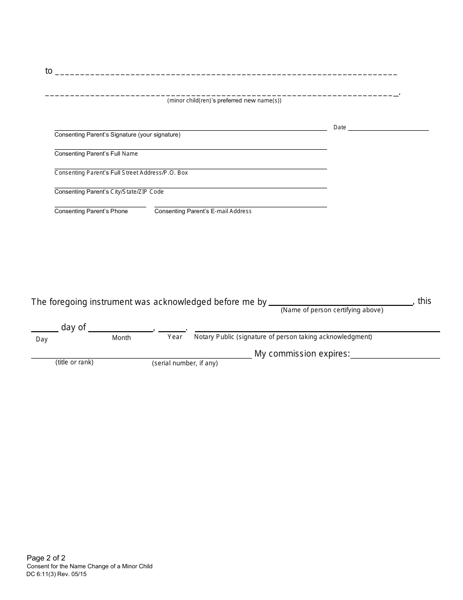 Form DC-6:11(3) Consent for the Name Change of a Minor Child - Nebraska, Page 2