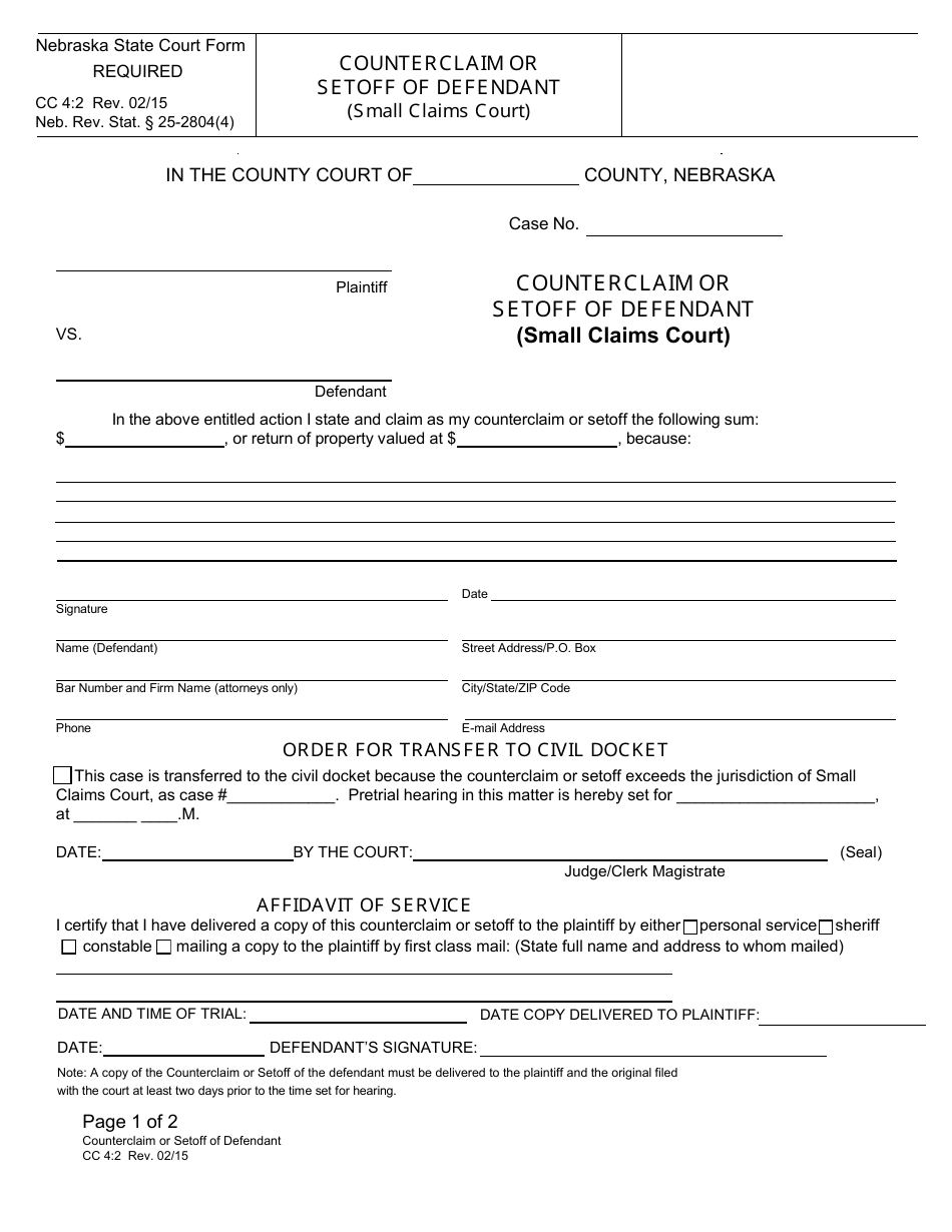 Form Cc 4 2 Counterclaim Or Setoff Defendant Small Claims Court Nebraska Print Big 