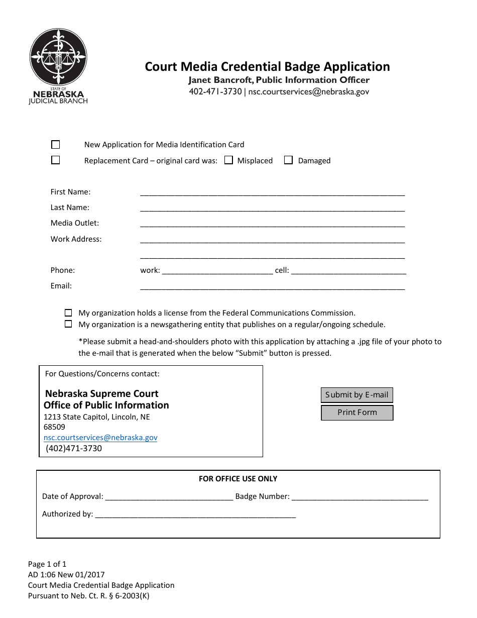 Form AD1:06 Court Media Credential Badge Application - Nebraska, Page 1