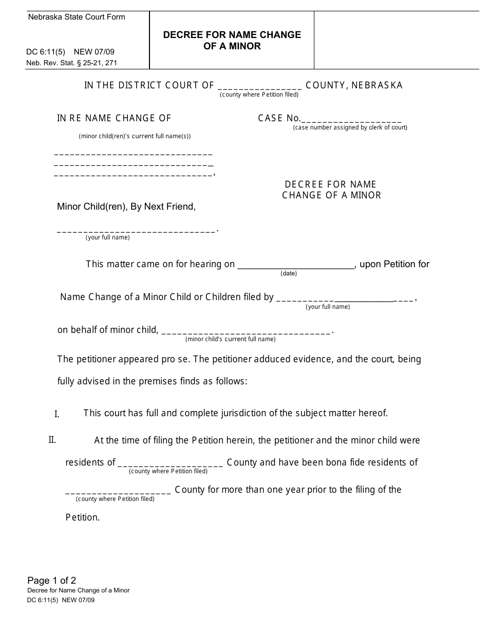 Form DC6:11(5) Decree for Name Change of a Minor - Nebraska, Page 1