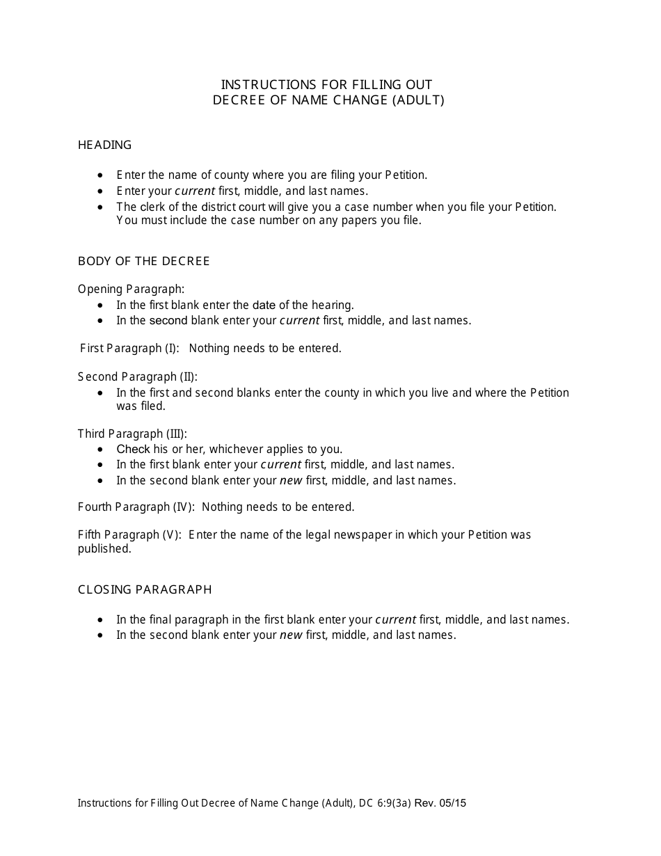 Instructions for Form DC6:9(3) Decree of Name Change (Adult) - Nebraska, Page 1