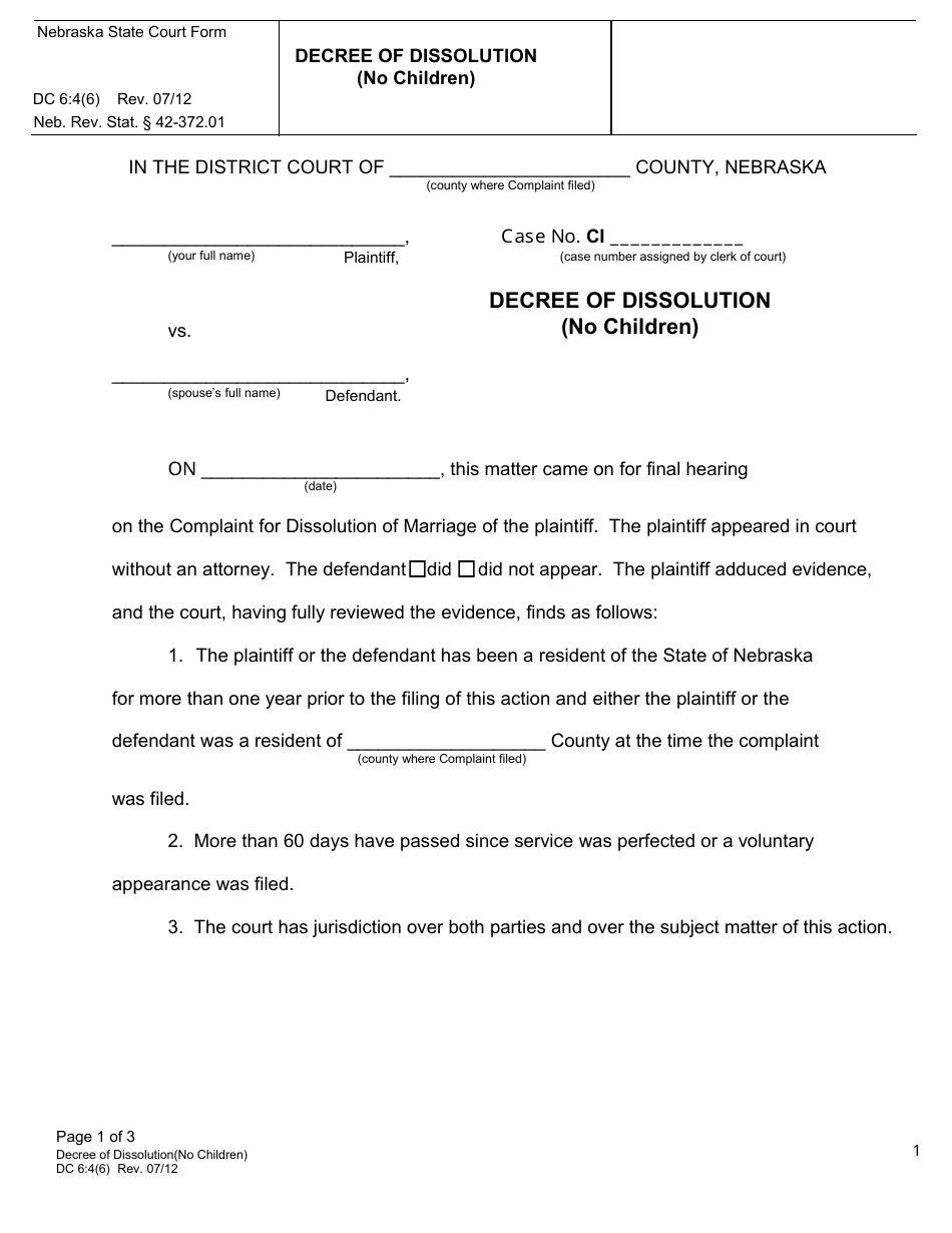 Form DC6:4(6) Decree of Dissolution (No Children) - Nebraska, Page 1