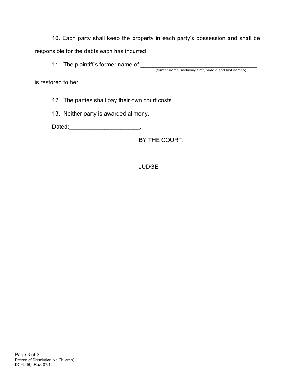 Form DC6:4(6) Decree of Dissolution (No Children) - Nebraska, Page 3