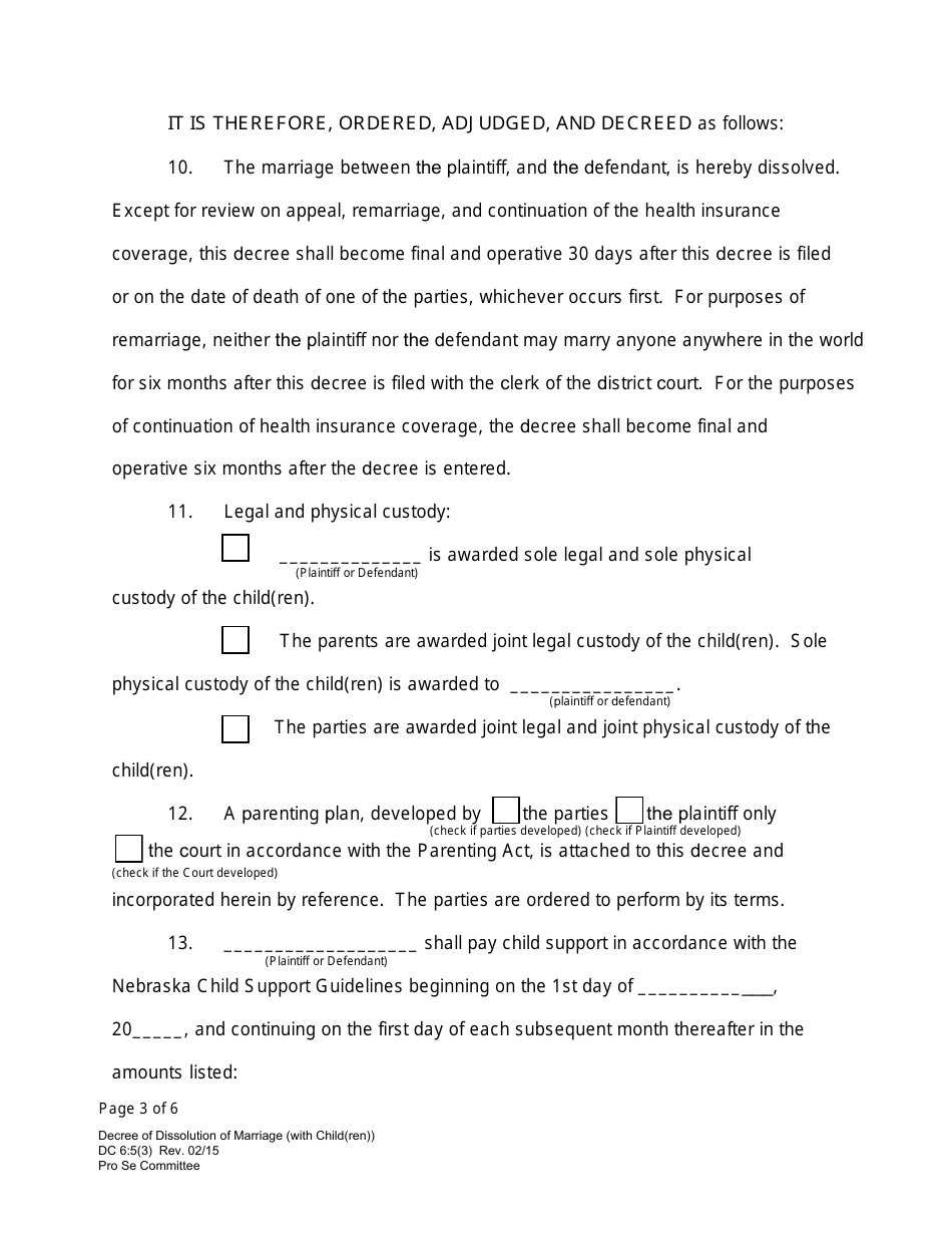 Form DC6:5(3) Decree of Dissolution of Marriage With Children - Nebraska, Page 3