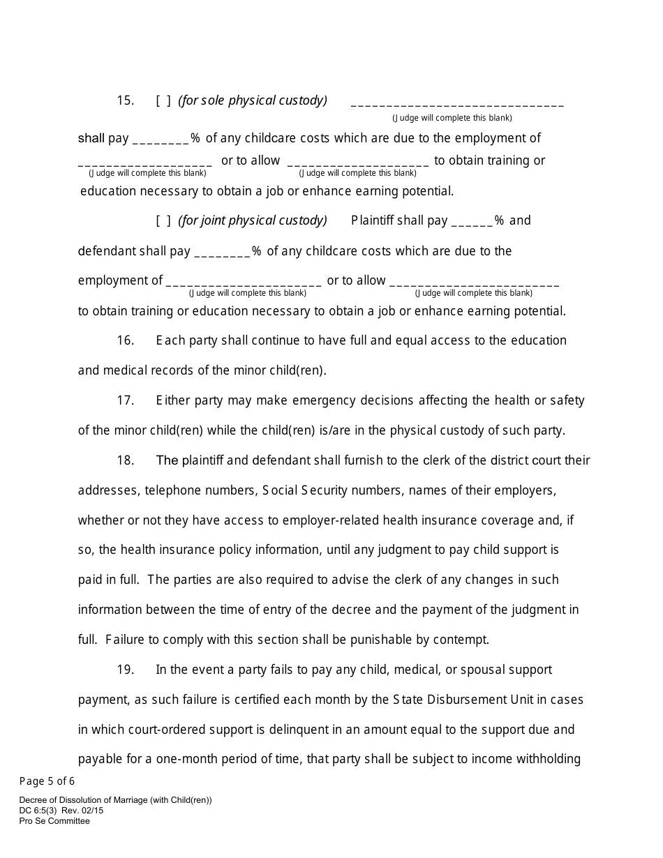 Form DC6:5(3) Decree of Dissolution of Marriage With Children - Nebraska, Page 5