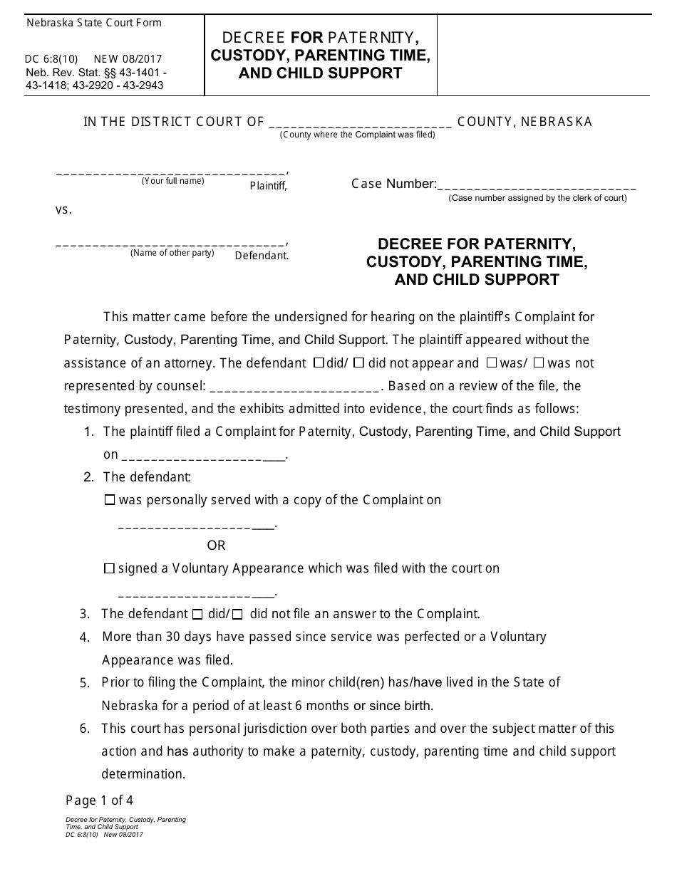 Form DC6:8(10) Decree for Paternity, Custody, Parenting Time, and Child Support - Nebraska, Page 1