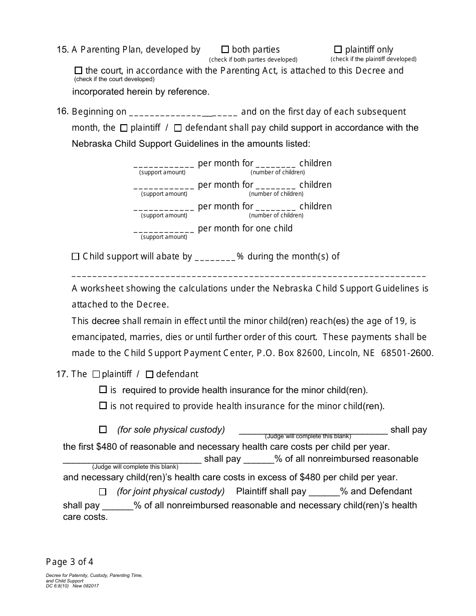 Form DC6:8(10) Decree for Paternity, Custody, Parenting Time, and Child Support - Nebraska, Page 3