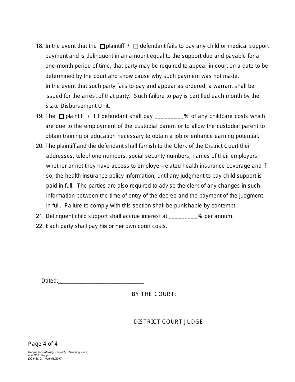 Form DC6:8(10) Decree for Paternity, Custody, Parenting Time, and Child Support - Nebraska, Page 4