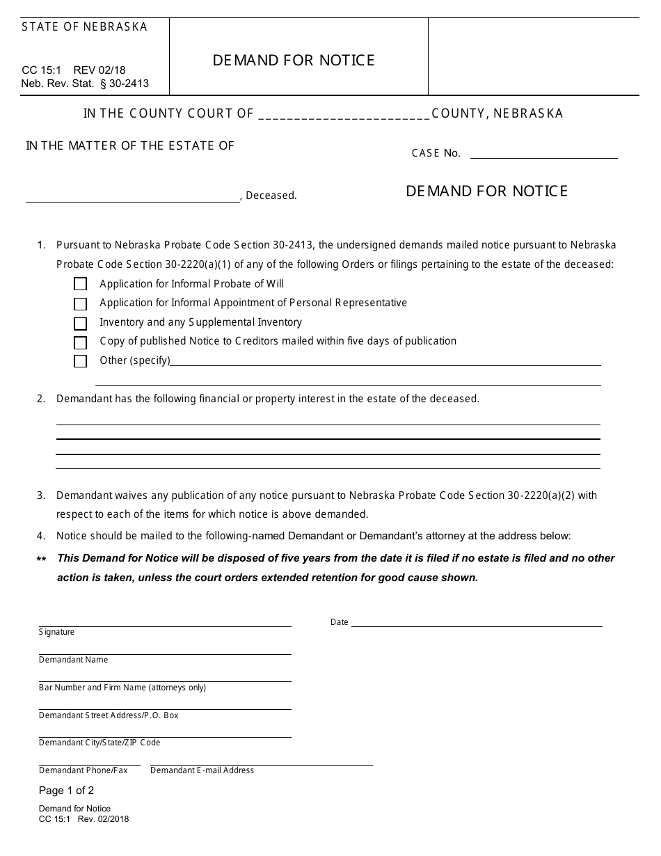 Form CC15:1 Demand for Notice - Nebraska, Page 1