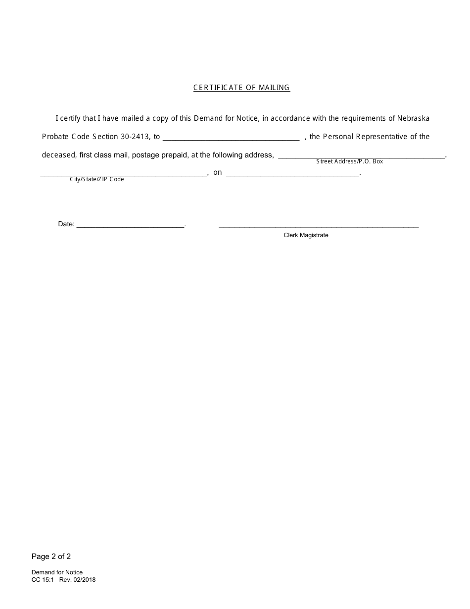 Form CC15:1 Demand for Notice - Nebraska, Page 2