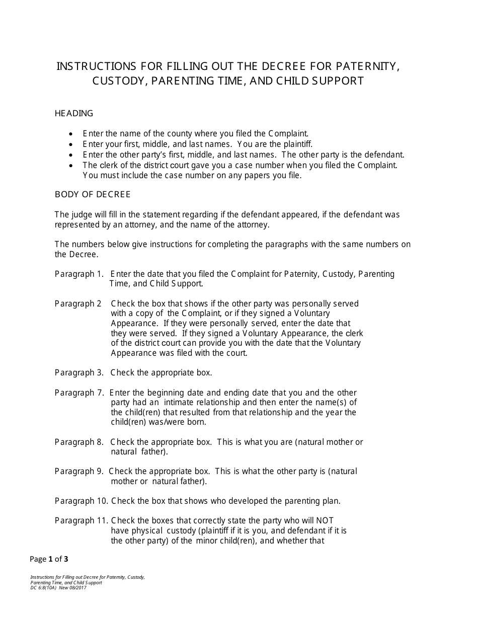 Instructions for Form DC6:8(10) Decree for Paternity, Custody, Parenting Time, and Child Support - Nebraska, Page 1