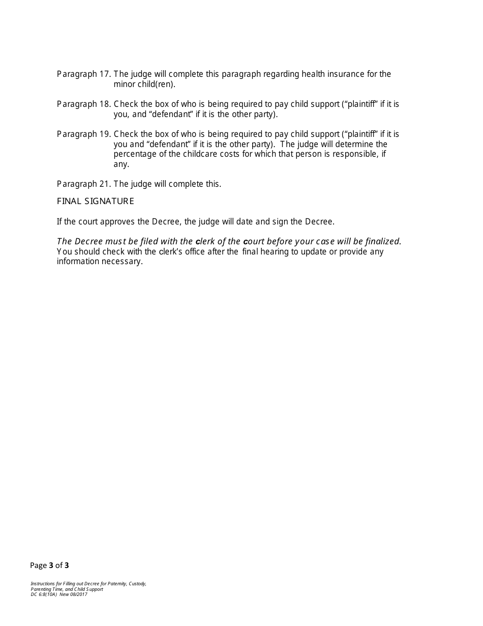 Instructions for Form DC6:8(10) Decree for Paternity, Custody, Parenting Time, and Child Support - Nebraska, Page 3