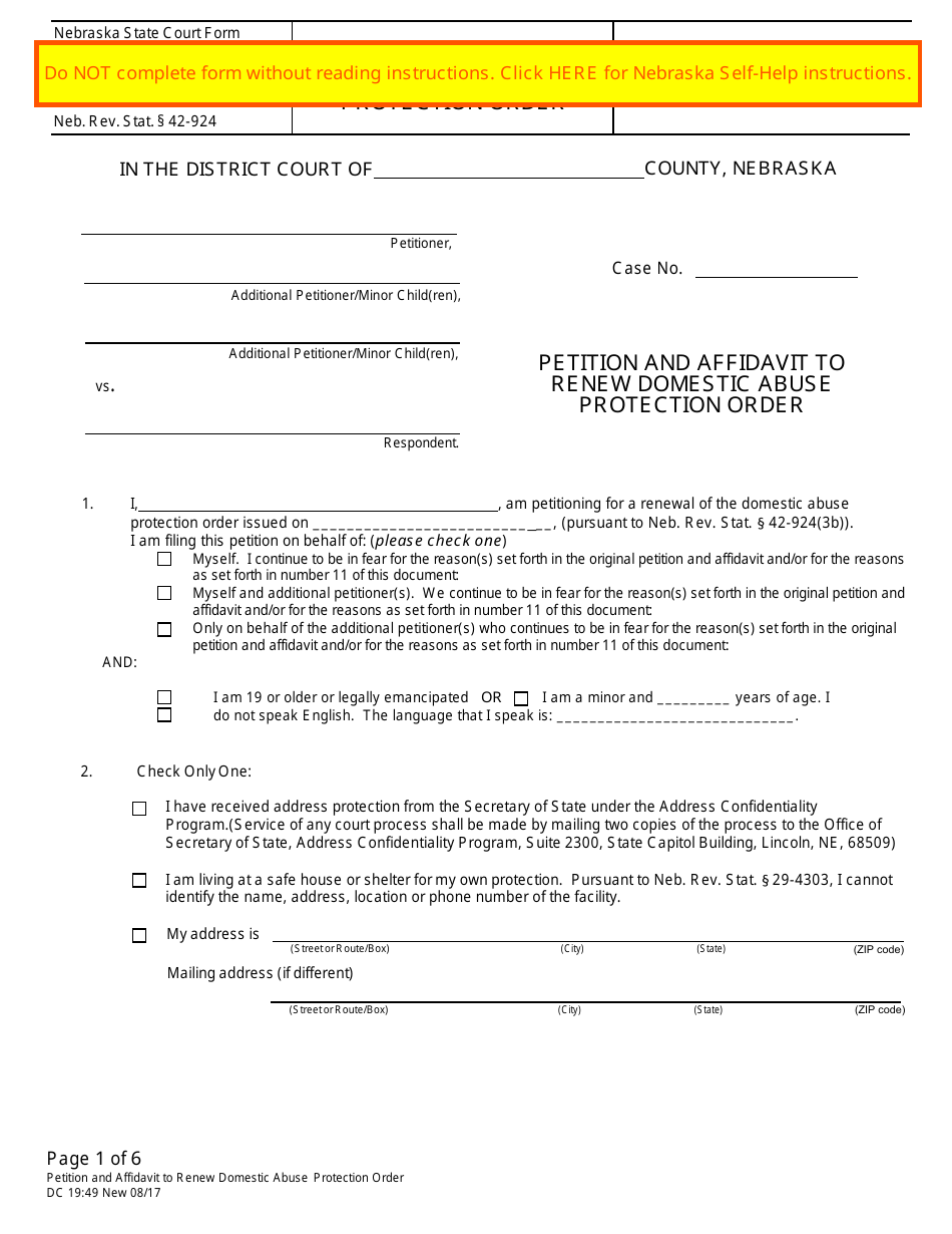 Form DC19:49 Petition and Affidavit to Renew Domestic Abuse Protection Order - Nebraska, Page 1