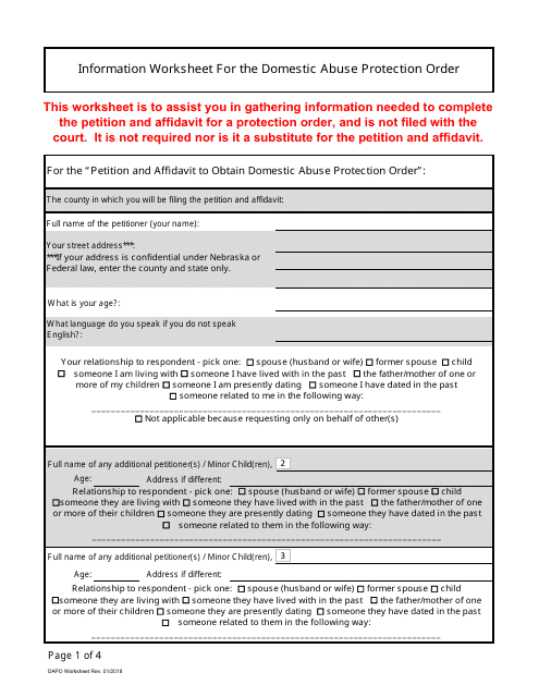 Information Worksheet for the Domestic Abuse Protection Order - Nebraska Download Pdf