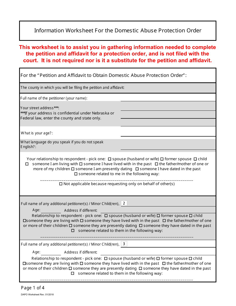 Nebraska Information Worksheet for the Domestic Abuse Protection Order