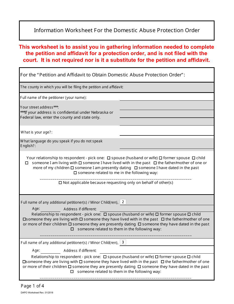 Information Worksheet for the Domestic Abuse Protection Order - Nebraska, Page 1