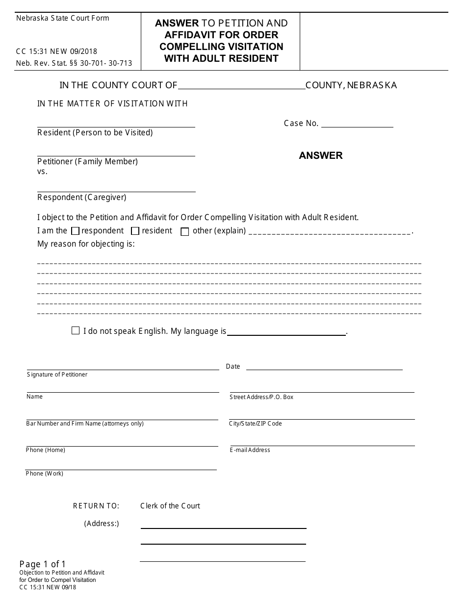Form CC15:31 Answer to Petition and Affidavit for Order Compelling Visitation With Adult Resident - Nebraska, Page 1